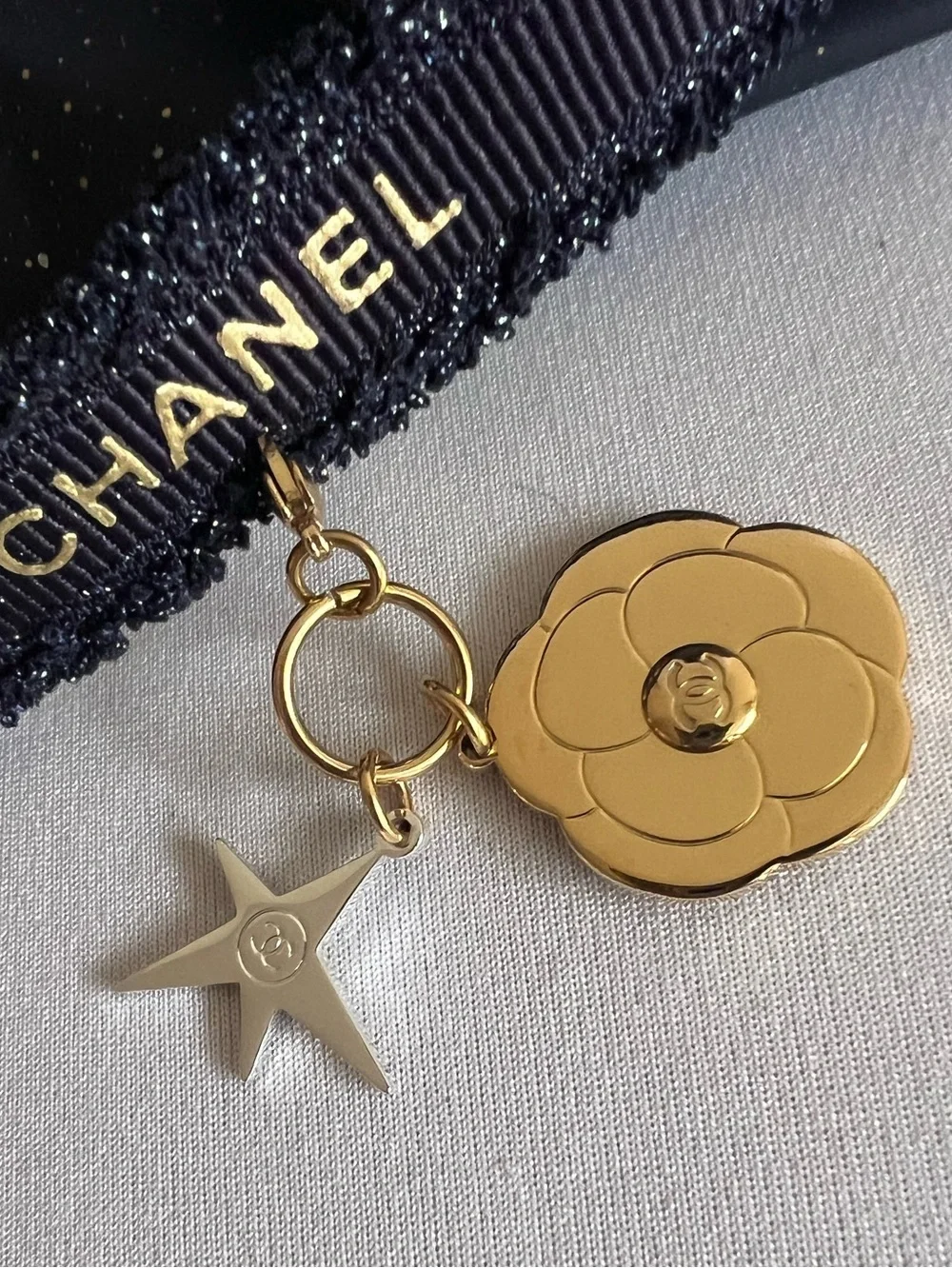 CHANEL Blue Ribbon Rope Charm Gold Camellia with silver Star New